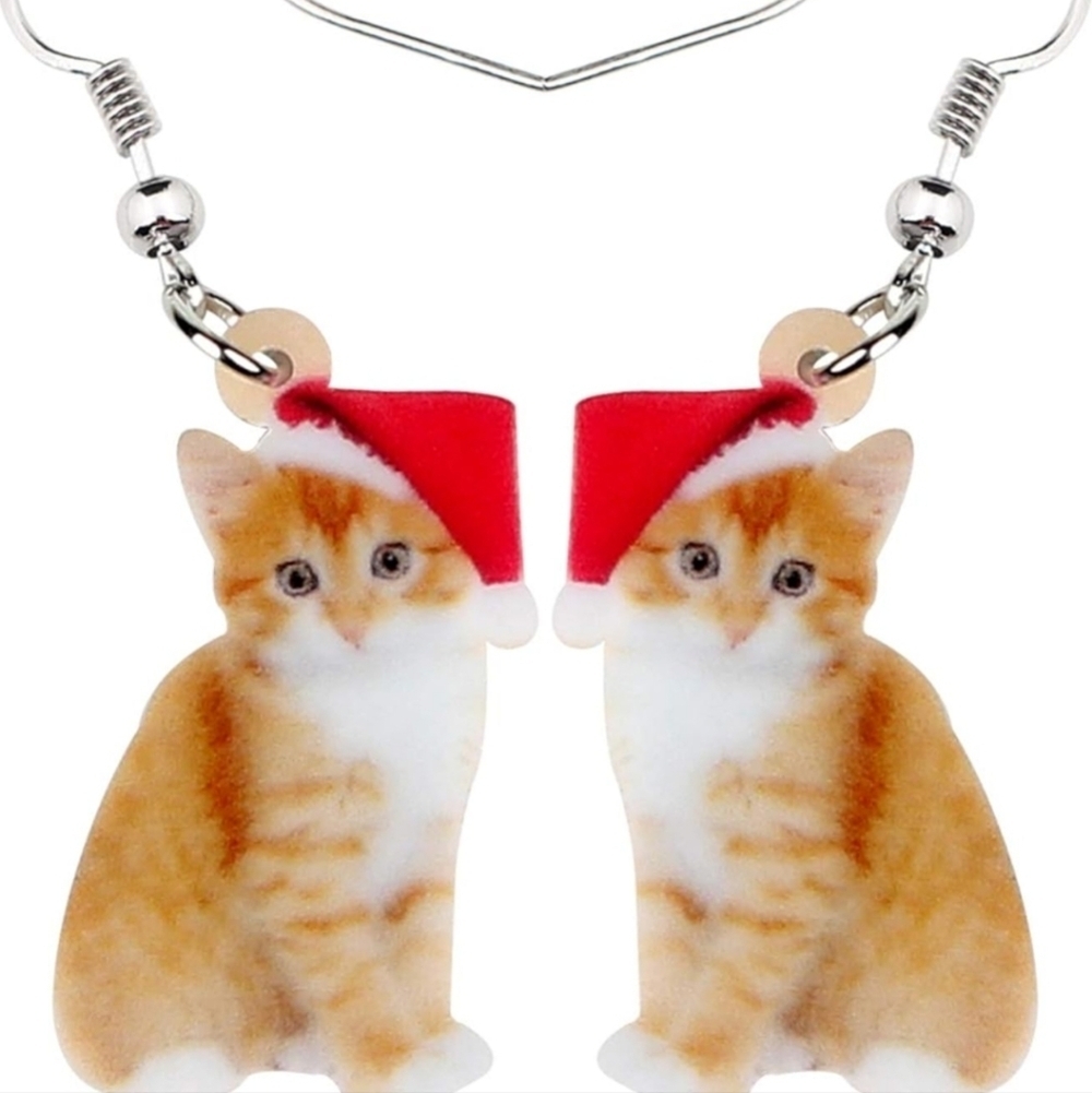 Women's jewelry festive holiday orange kitten in Santa hat dangle earrings
